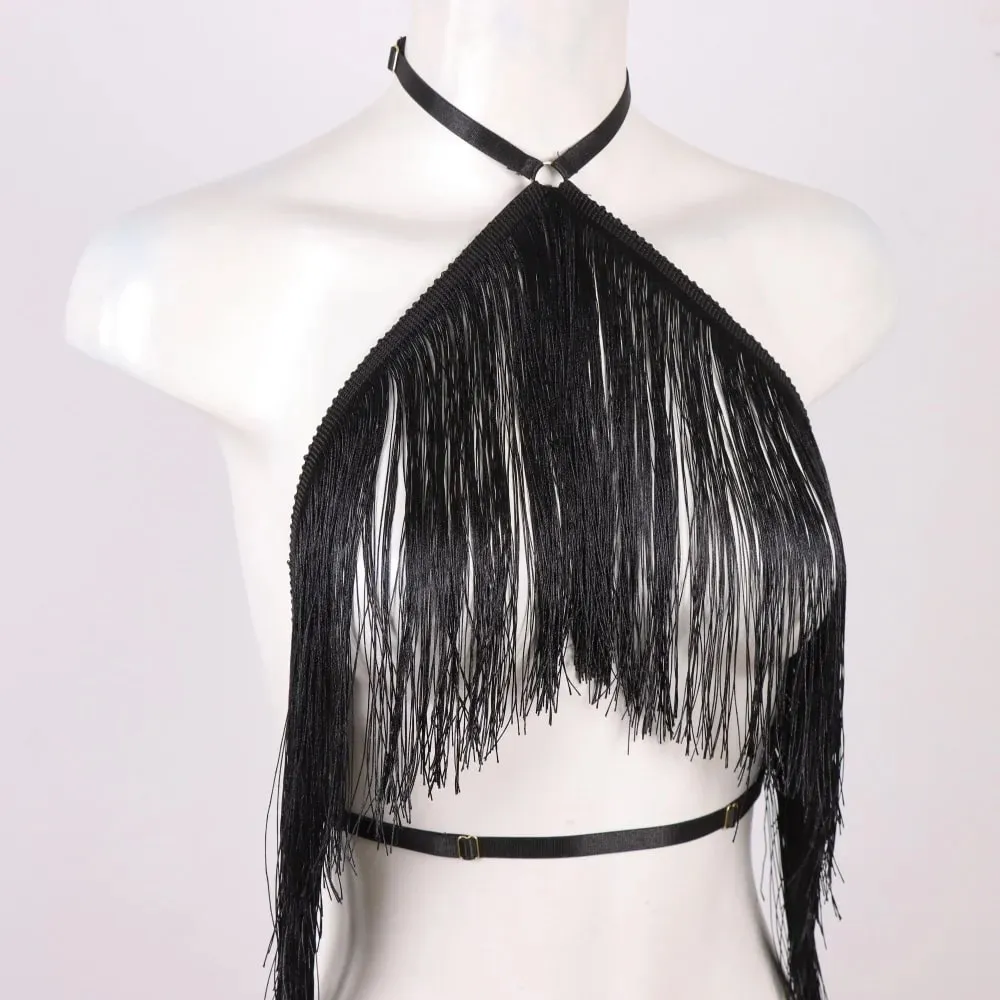 Haut à licou noir à pampilles pour femmes, harnais élastique réglable, vêtements toutes saisons, tenue décontractée, haut avec détails à pampilles — image 4