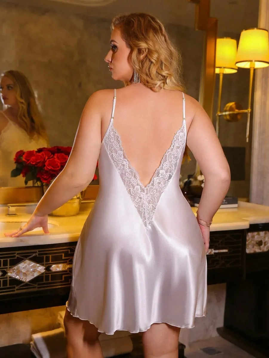 Robe de nuit en Satin pour femmes, crème, soyeuse, brillante, dentelle florale, décolleté en V profond, bretelles Spaghetti, nœud sur le devant, ourlet ondulé, Mini vêtements de détente Sexy — image 2