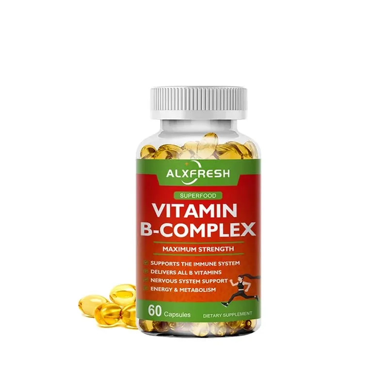 Vitamin B Kompleks Alxfresh dengan Vitamin C - Sokongan Tenaga Kesihatan Imun & Sokongan Sistem Saraf - Kapsul Vegetarian Bukan GMO