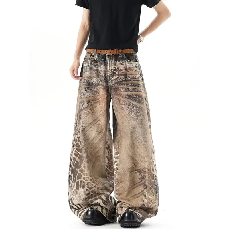 Jeans da uomo larghi stampati leopardati marroni lavati effetto streetwear Pantaloni lunghi in denim a gamba larga casual Estate Novità — image 2