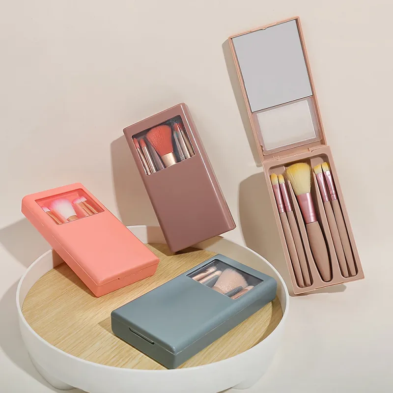 Portable Mini Makeup Brush Set with Mirror Case 5Pcs Travel Makeup Brushes for Foundation Eyeshadow Concealer — image 3