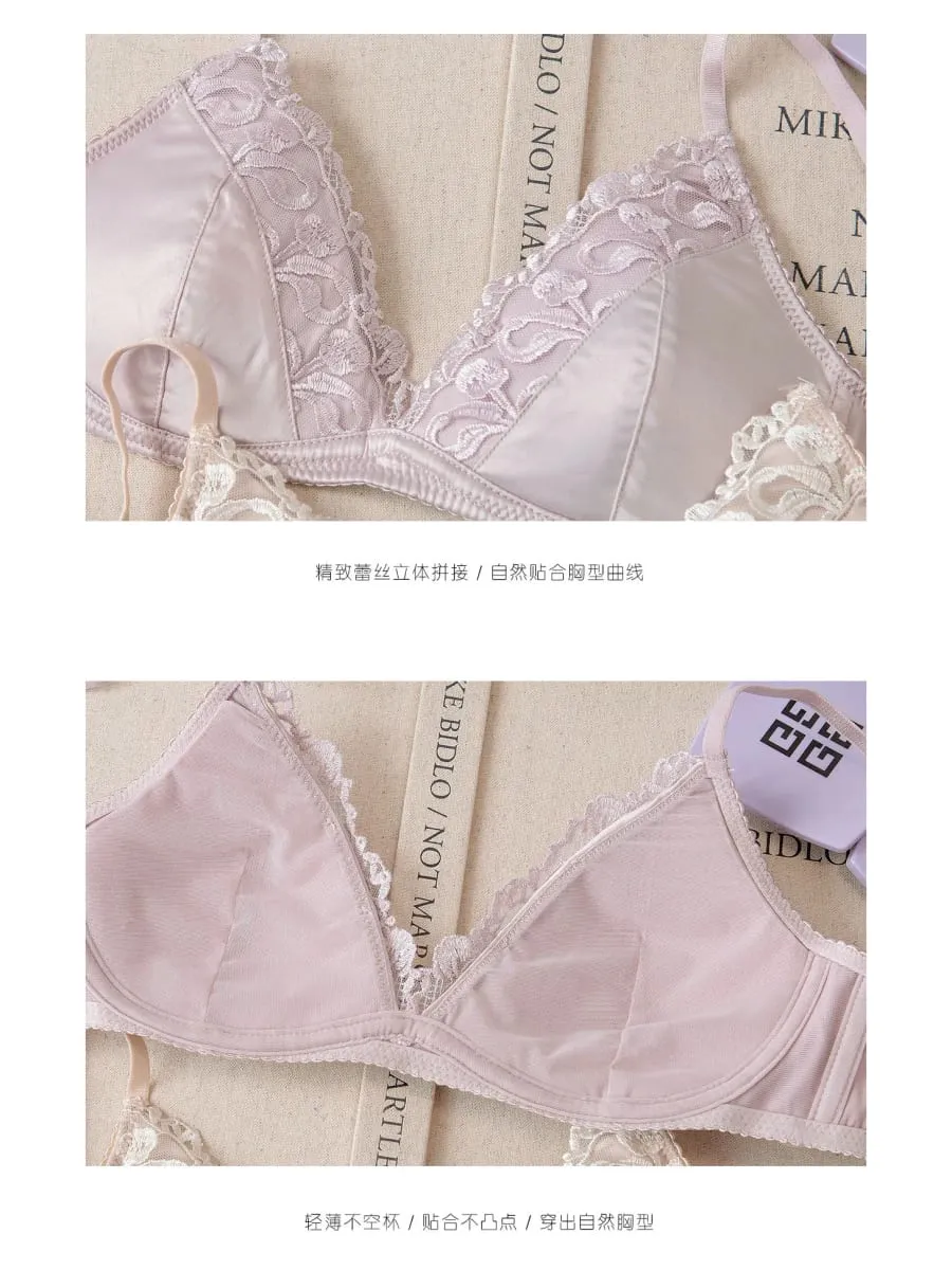 Dessous-Set im französischen Stil für Damen, dünner, bügelloser Triangel-BH mit Spitzen- und Stickmuster — image 3