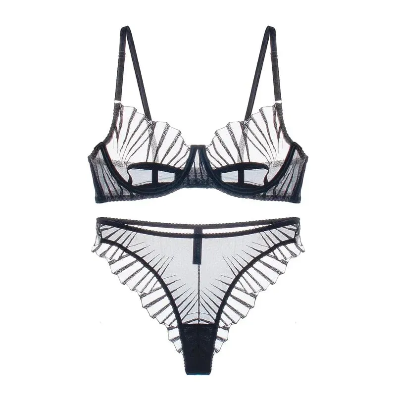 2-piece Women's Brief Sets Black Scallop Chest Cup Embroidered Lingerie Set Underwear Black Mesh Hot Unlined Minimizer Bra