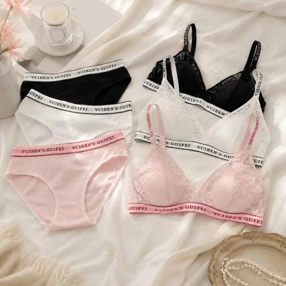 Bra Suit Letter Design Lingerie Set Lace Wireless Women Underwear Suit Deep V Color Blocking Bra Panties Set Pambabae — image 2