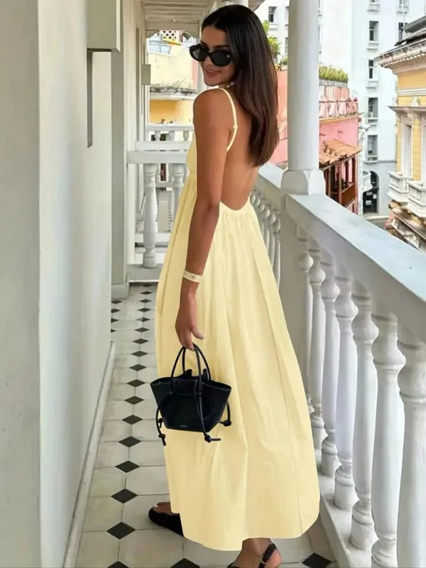 Robe à bretelles fines pour femmes, couleur unie, dos nu, vacances d'été