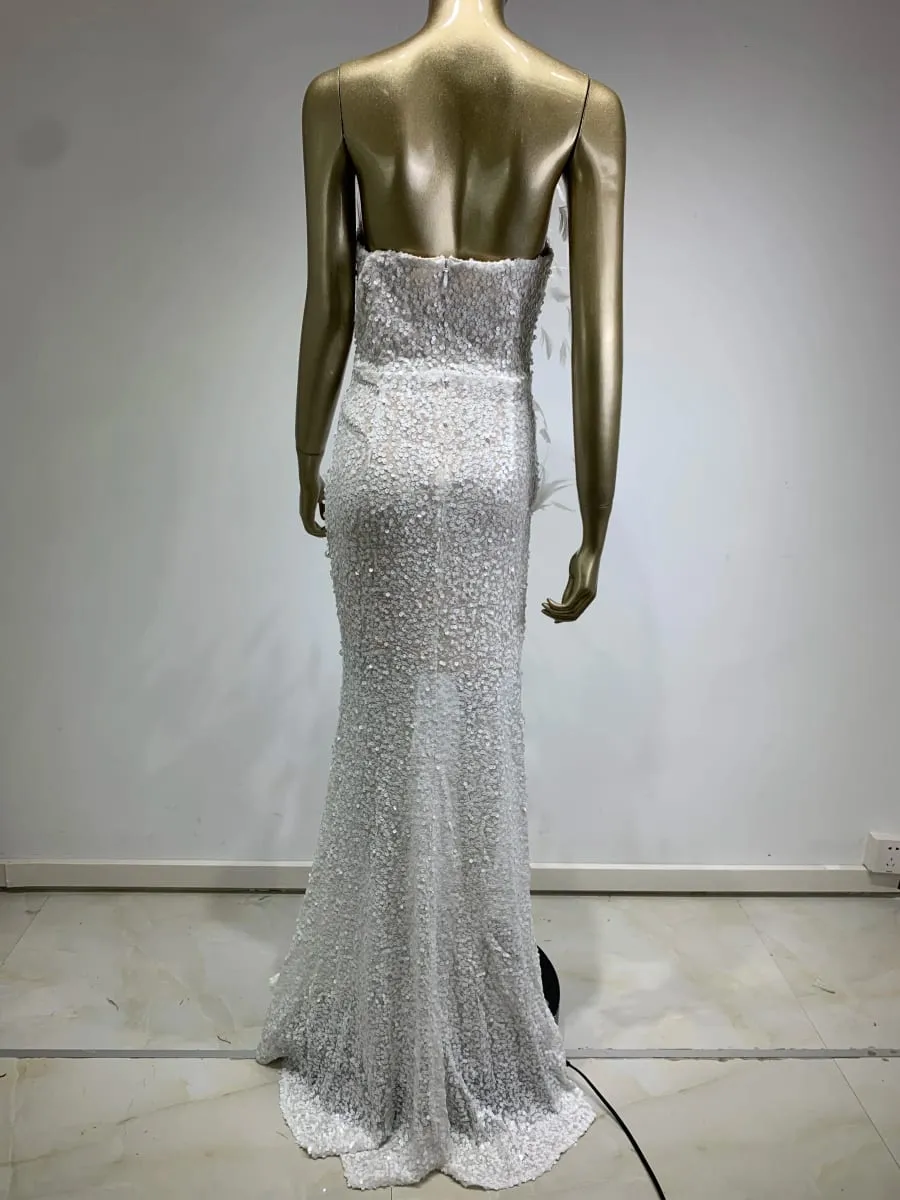 Luxus Sexy Liebsten Feder Pailletten Weiße Perle Maxi Lange Frauen Kleider Kleid 2024 Elegante Party Abend Bühne Leistung Kleid — image 4