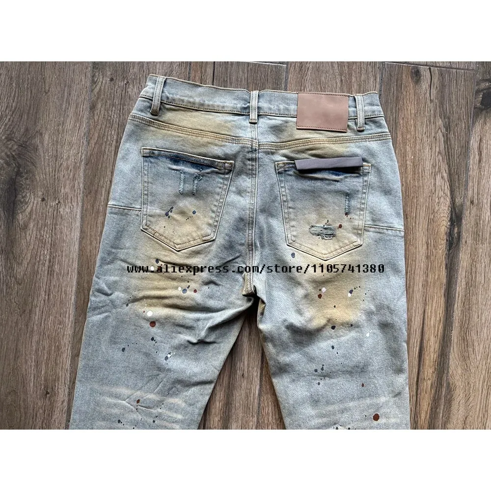 Pantalon en jean déchiré pour hommes, délavé, bleu clair, graffiti, trous endommagés, extensible, slim, bouton, braguette — image 6