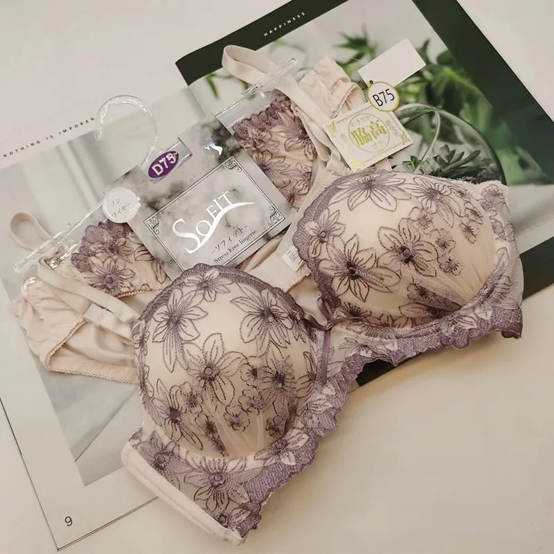 Neues, stützendes Spitzen-BH-Set, Luxusmodelle, Stickerei, hautfreundliche Dessous, kurzer Anzug, bequeme, kabellose Unterwäsche