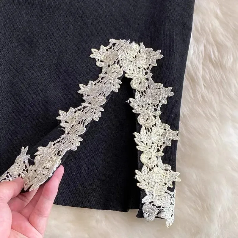 2024 Sexy Backless Spitze Patchwork Gestrickte Split Sommer Kleid Frauen Schwarz Mini Party Kleid Bodycon Mantel nacht Club Outfits