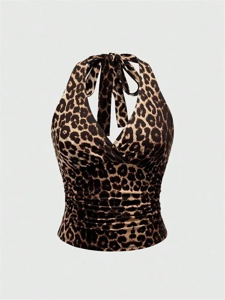 Haut court imprimé léopard, col en v, dos nu, col licou, Sexy, sans manches, froncé, Streetwear, Y2K, été — image 7