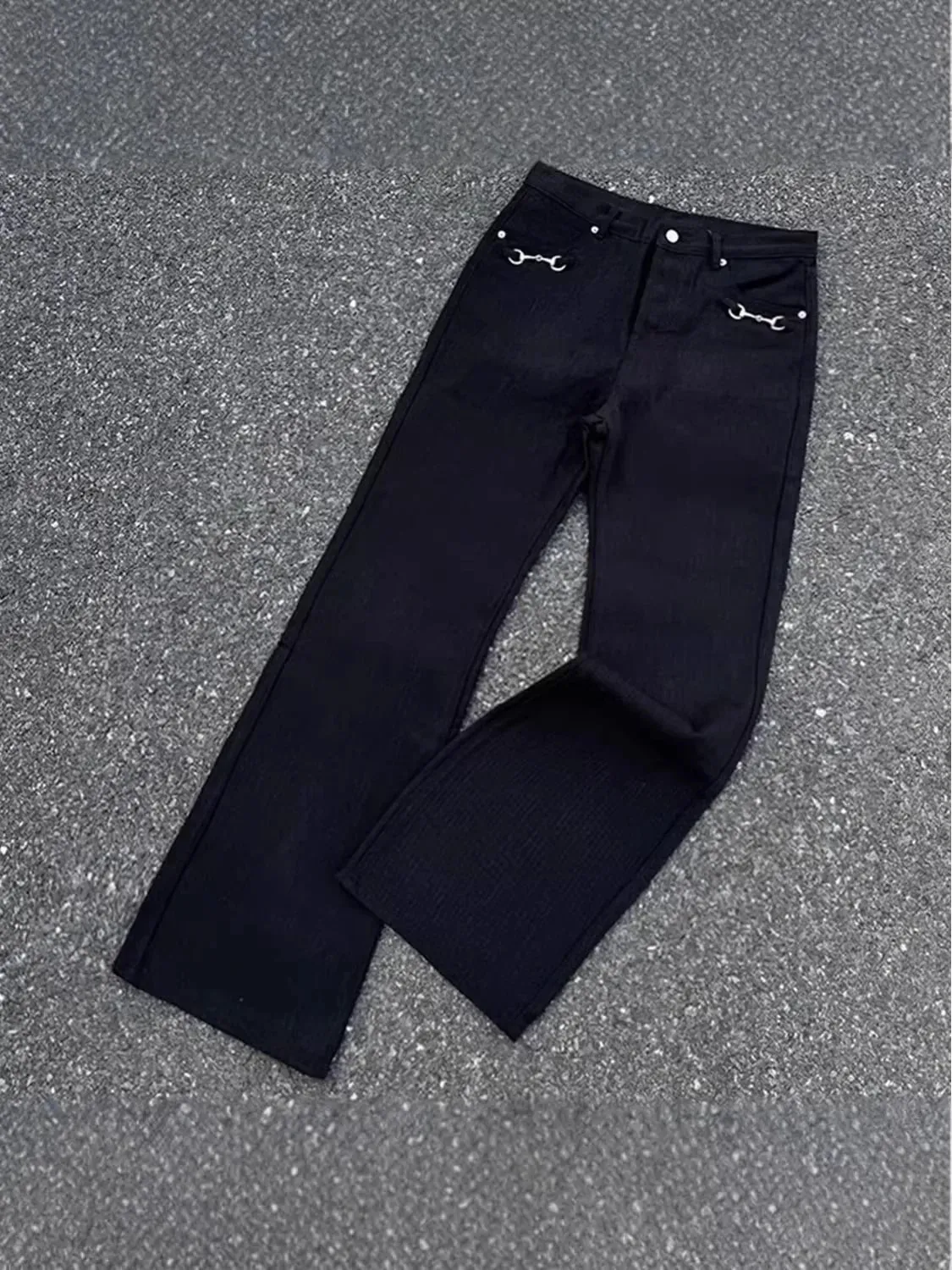 Americký retro design s přezkou jaro podzim prané černé džíny s mikroflórem pánské hip-hopové džíny s vysokým pasem volné široké džíny unisex