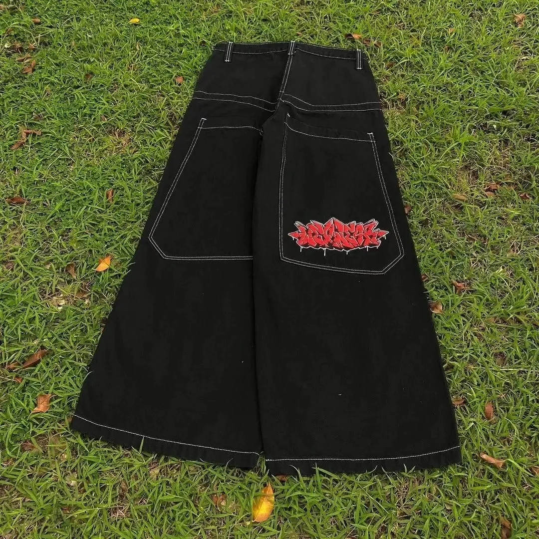 Gothic Retro American Y2K Cross Embroidery Patchwork Baggy Jeans Men Streetwear Casual Straight Wide-leg Pants Couple Jeans — image 9