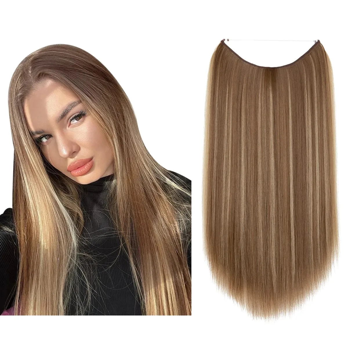 Estensioni per capelli con filo invisibile sintetico resistente al calore premium con clip Posticci Capelli lunghi lisci naturali finti per donna — image 15