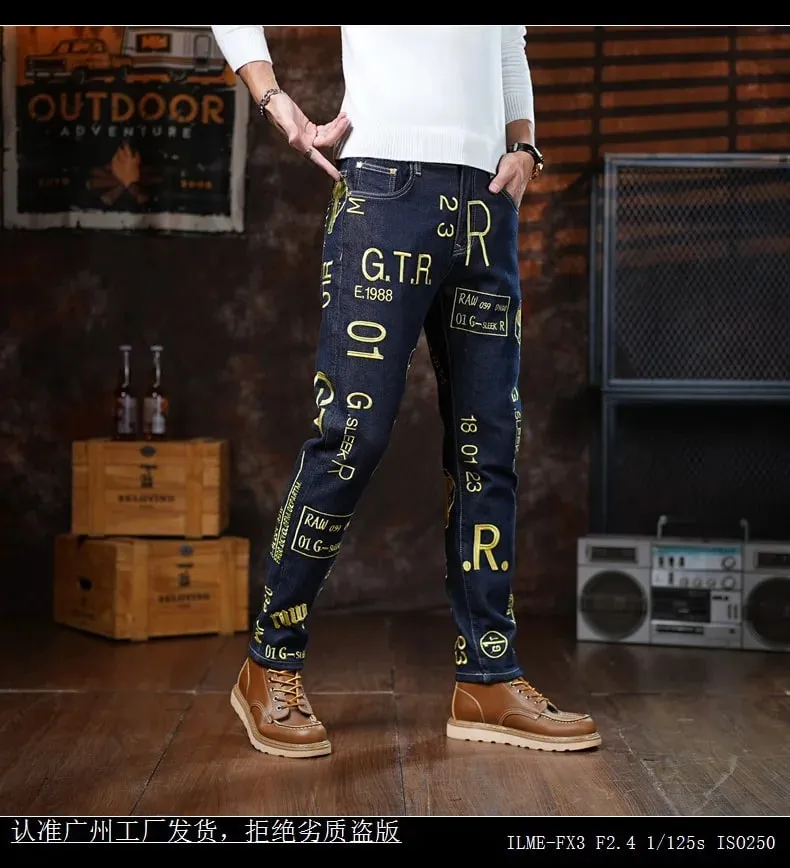 High end 2025 autumn new slim fit small leg pants for men personalized embroidery printed fashion trend jeans — image 9