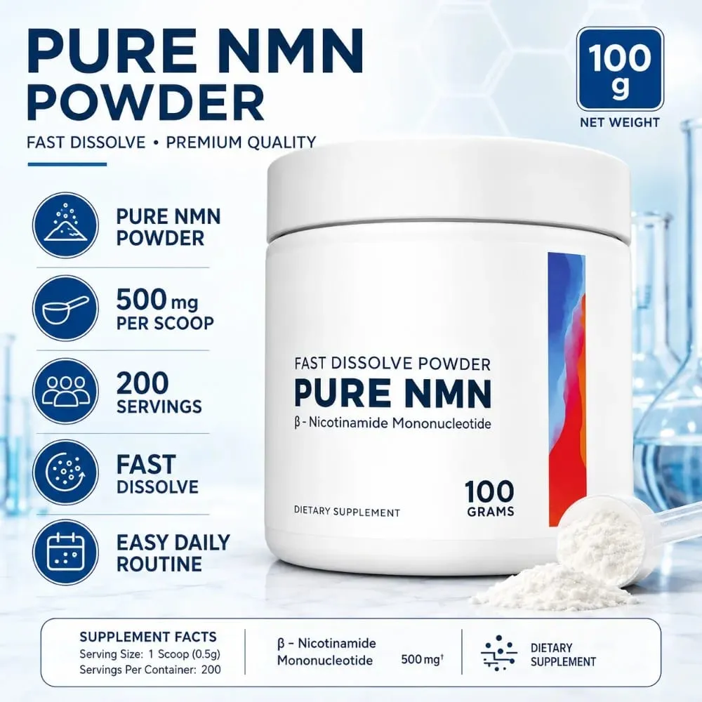NMN prášek 100 g 99 čistota rychle rozpustný β-nikotinamid mononukleotid NAD+ podpora buněčné energie 200 porcí doplněk — image 1