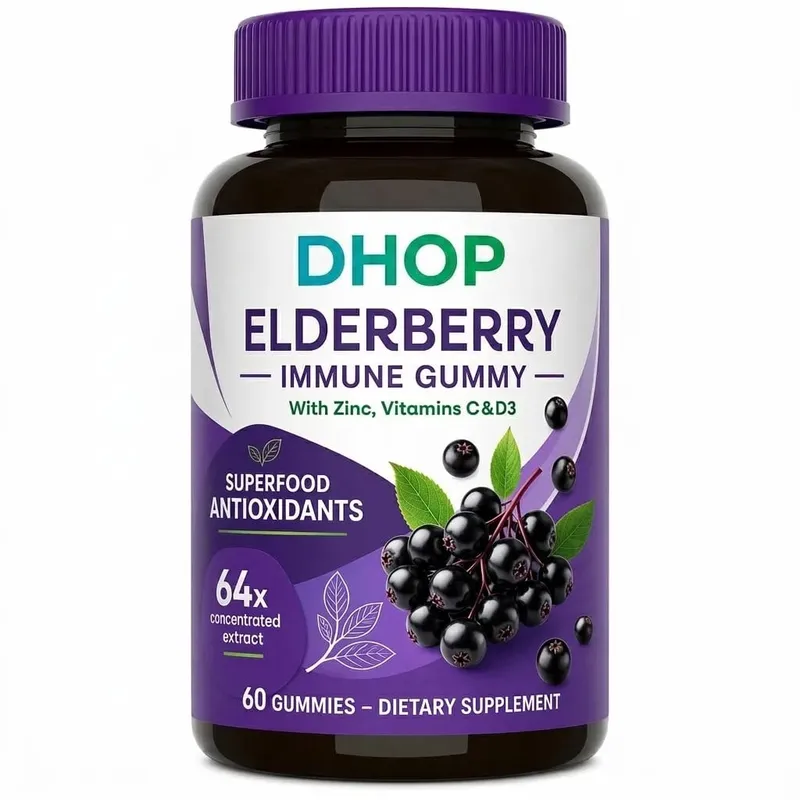 Schwarze Holunderbeer-Gummis, 60 Stück, zur Unterstützung des Immunsystems, Sambucus-Extrakt, Zink, Vitamin C, D3, für Erwachsene und Kinder, 2 Kapseln pro Tag