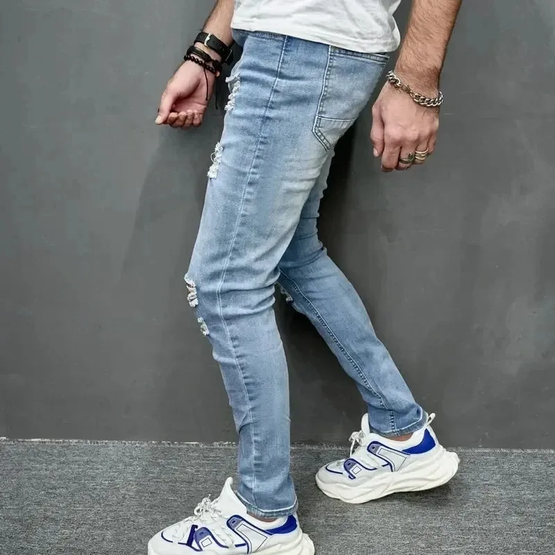 2024 ใหม่สไตล์ผู้ชายส่วนบุคคล Ripped สีทึบกางเกงยีนส์ Skinny ยืดเท้าเล็กๆ Streetwear รถจักรยานยนต์ DENIM กางเกงชาย — image 3