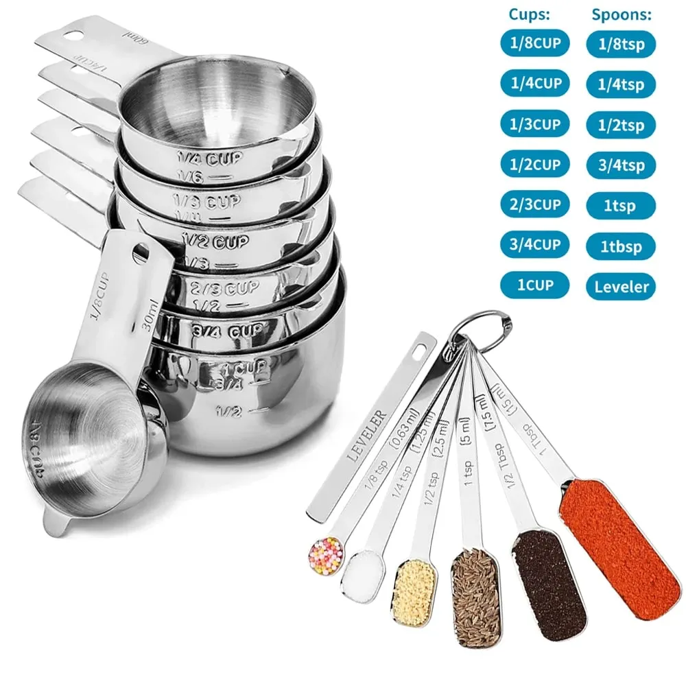 Set Cawan Sukat dan Sudu Keluli Tahan Karat 14PCS dengan Bahan Kering dan Cecair Penyamaratakan Sesuai untuk Memasak & Membakar — image 5