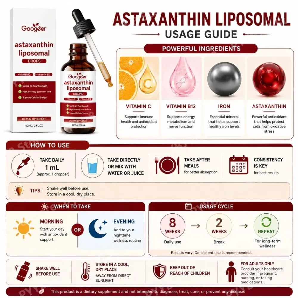 Googeer Liposomal Astaxanthin Drops with Vitamin C To Support Iron Absorption Vitamin B12 for Blood and Nerve Health 60 ML — image 6