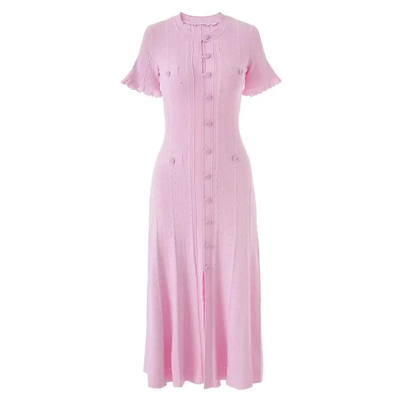 Vintage-Midikleid mit Zopfmuster, Knopfleiste vorne, Rüschen, kurze Ärmel, Taschendesign, elegantes, legeres Party-Strickkleid — image 8