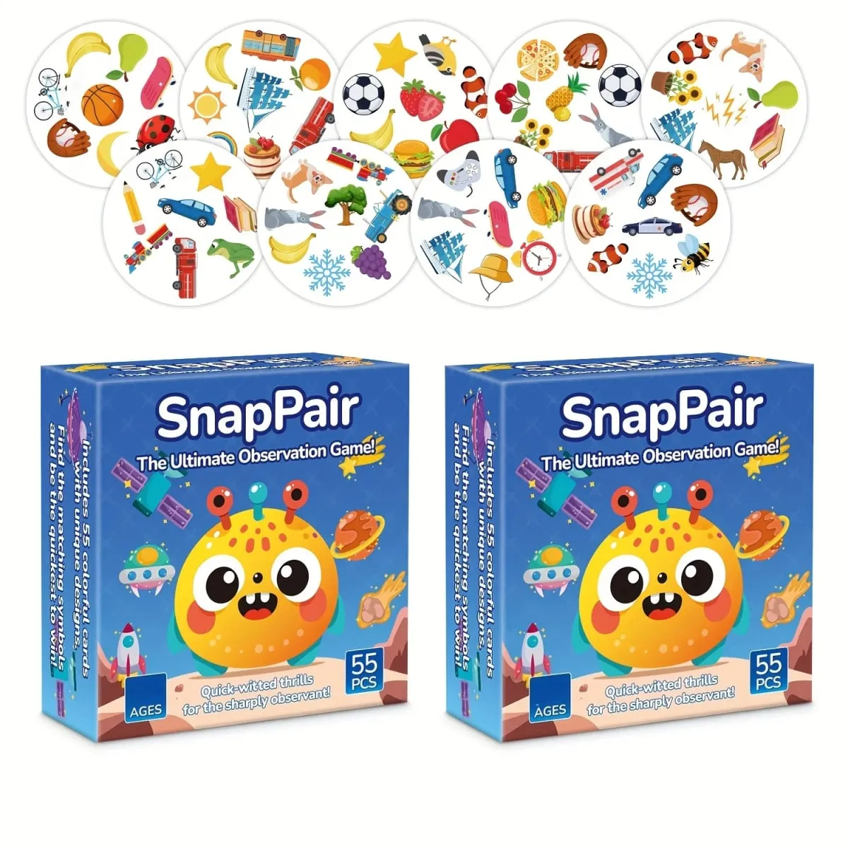 《Snappair: เกมกระดานจับคู่การสังเกตขั้นสูงสุดพร้อมไพ่ 55 ใบ》เกมไพ่เกมกระดานเหมาะอย่างยิ่งสำหรับของขวัญการรวบรวมครอบครัว — image 1