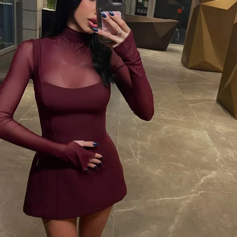 Mesh Patchwork Mini Dress For Women Party Elegant Evening Vestidos Fashion Lace Long Sleeve Turtleneck Slim Short Dresses — image 2