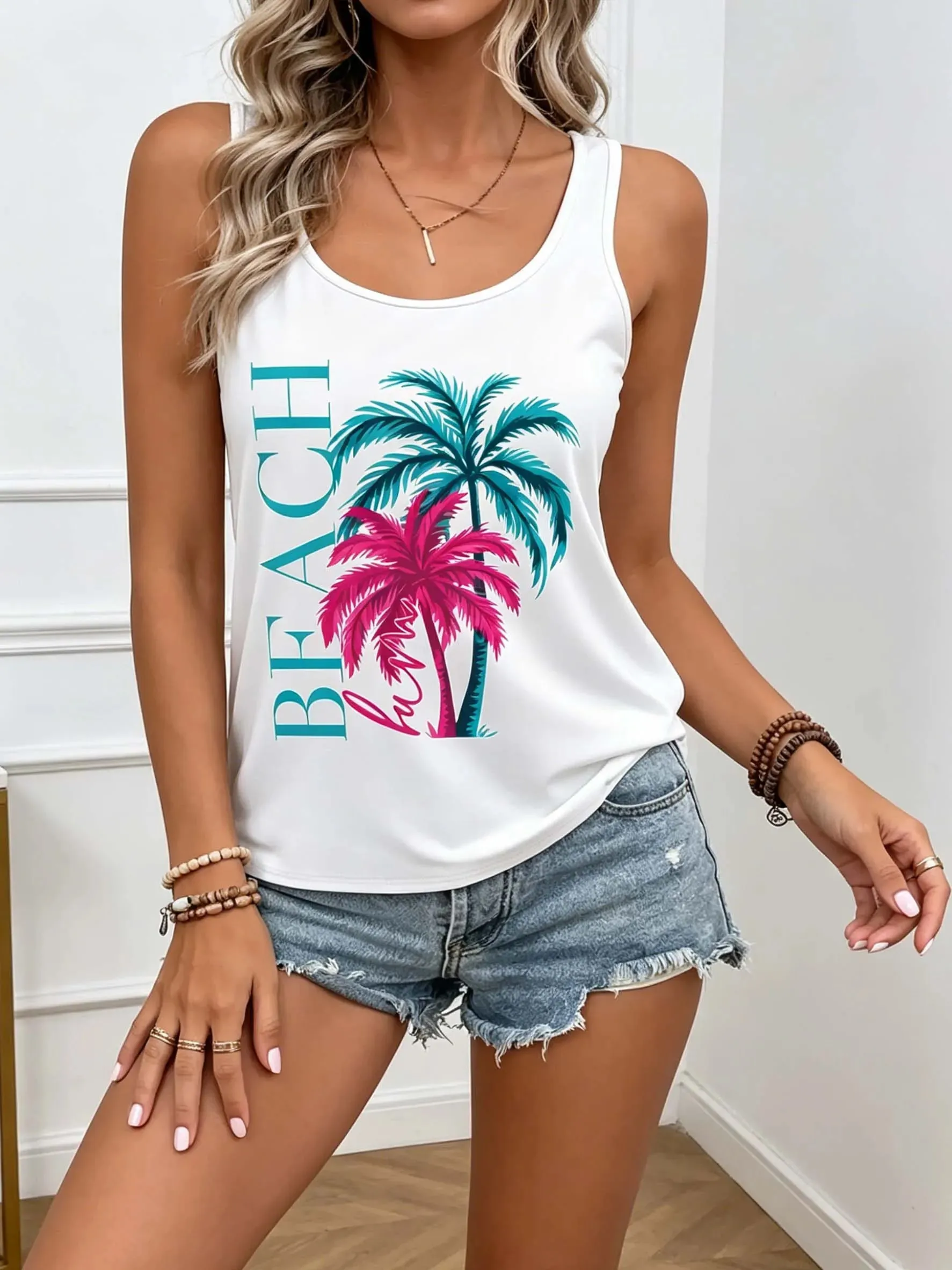 Top estivi da donna con stampe di alberi di cocco Top senza maniche. Abbigliamento da spiaggia comodo e casual per uno stile da vacanza. — image 10