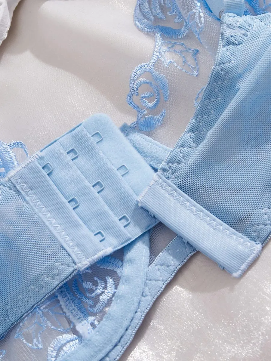Biru Muda Floral Rose Bordir Mesh Lingerie Set Underwire Bra Thong Wanita Seluar Dalam Eksotik Pakaian Tidur Intim Seksi