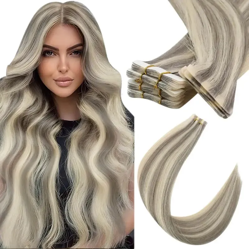 Przedłużanie włosów na taśmie wtryskowej Moresoo Popielaty blond Podkreśla dziewicze włosy Naturalna prosta brazylijska taśma w przedłużaniu ludzkich włosów — image 14
