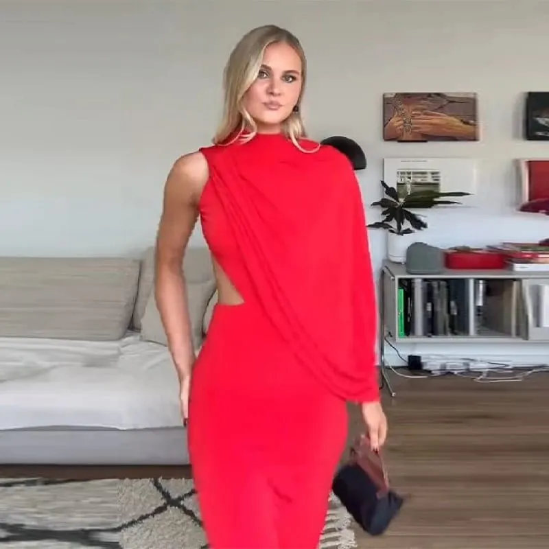 Abito lungo rosso asimmetrico drappeggiato senza schienale con una spalla e collo alto, aderente, abito da sera aderente per feste formali da donna — image 3