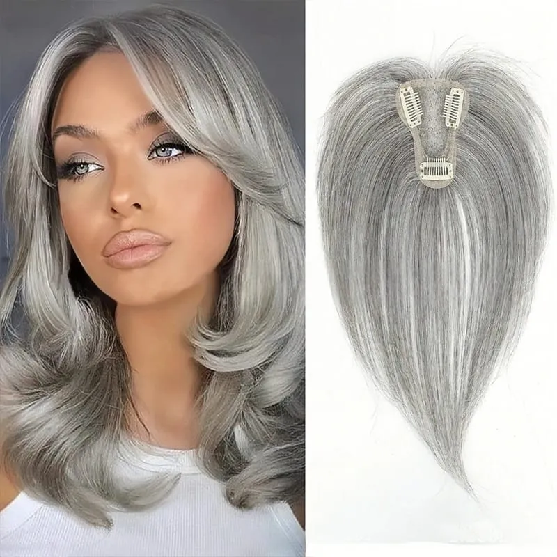Pièce de perruque pour femmes avec une frange couvrant leurs cheveux blancs et une fine pièce de remplacement invisible pour leurs cheveux — image 2