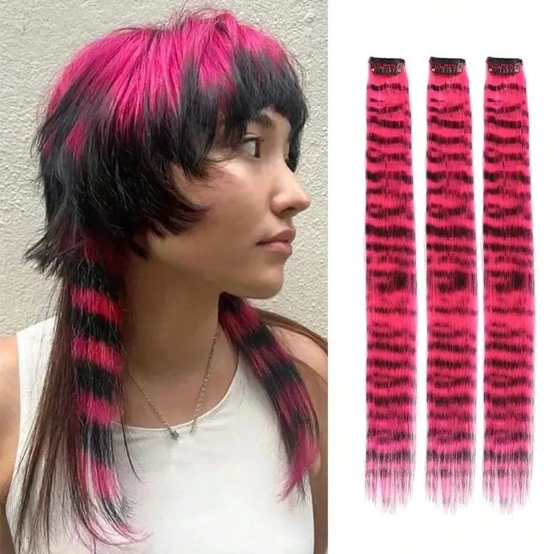 3 pezzi estensioni dei capelli con stampa leopardata striscia sintetica pezzo di capelli stampato clip lunga e dritta colorata nei capelli per le donne ragazze festa — image 2