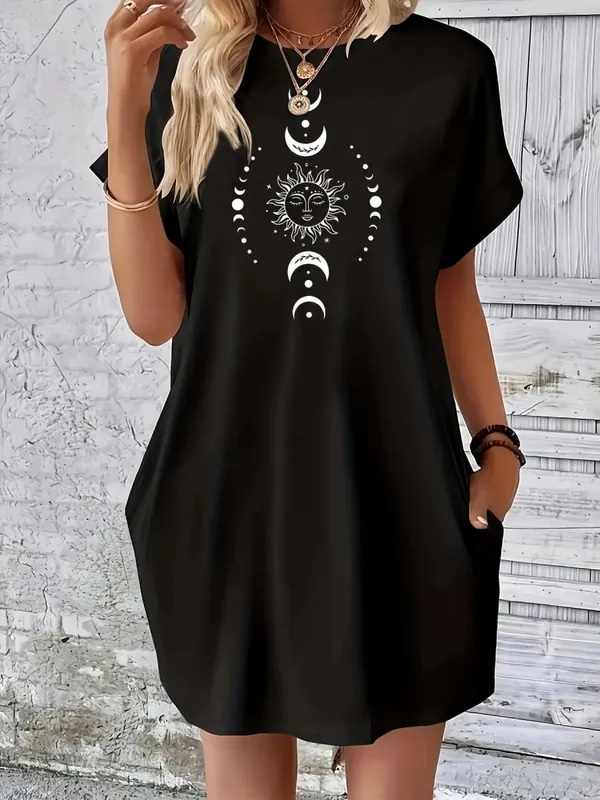 Damen-Sommerkleid mit lockerem Sonne-Mond-Planeten-Muster, bedruckt, Rundhalsausschnitt, kurze Ärmel, Tasche, bequemes, lässiges Kleid in Übergröße