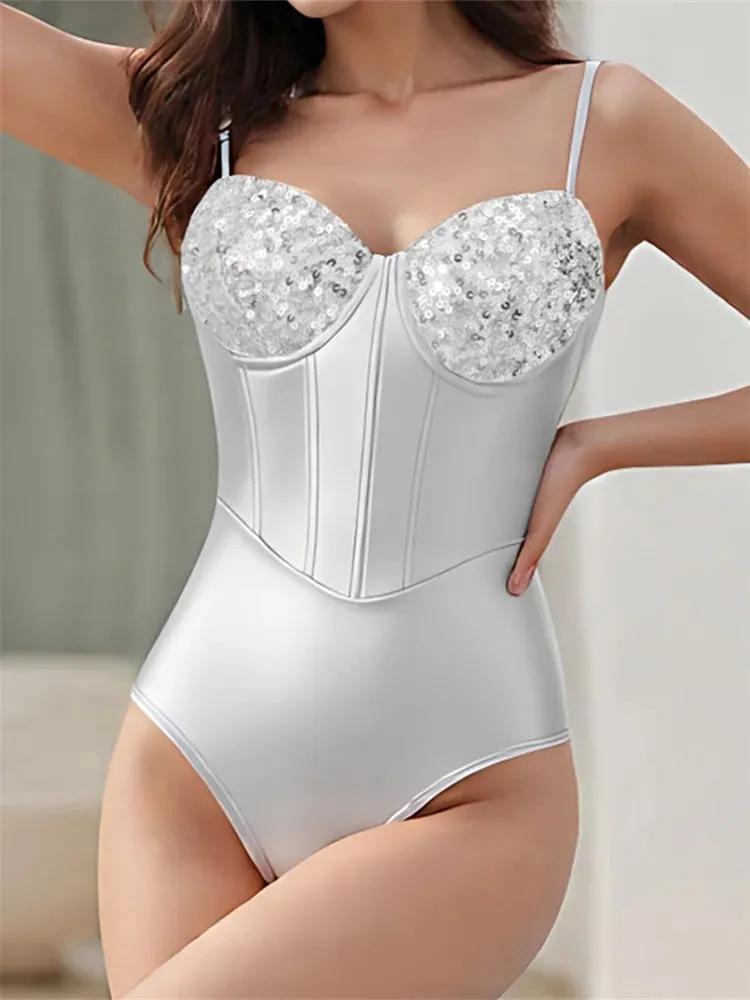 Schlanker, ärmelloser Body für Damen mit glitzernden Pailletten, Spaghettiträger, Dreiecksspielanzug, Trikot-Oberteile
