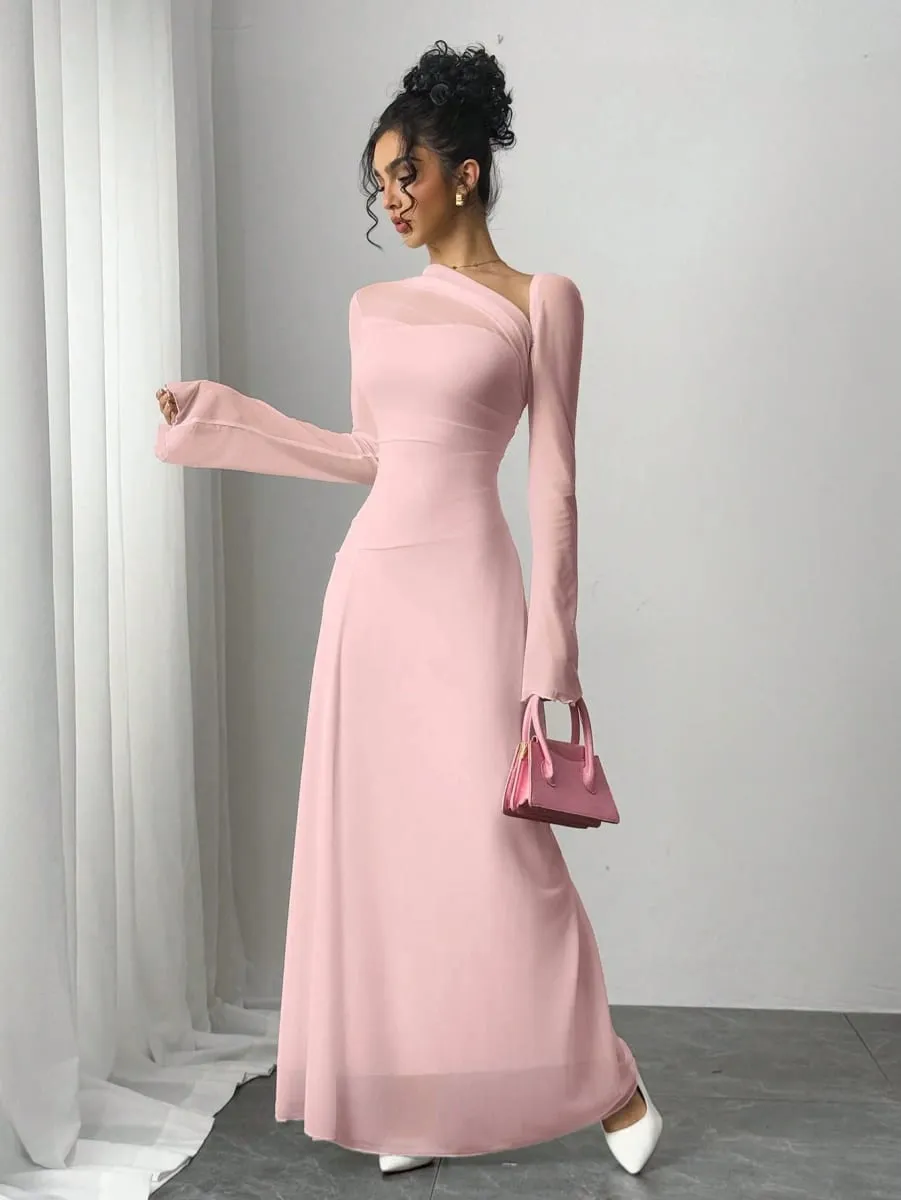 Nuovo abito ultra lungo da donna primavera/estate in tulle rosa esplosione slim con spalla diagonale irregolare — image 1