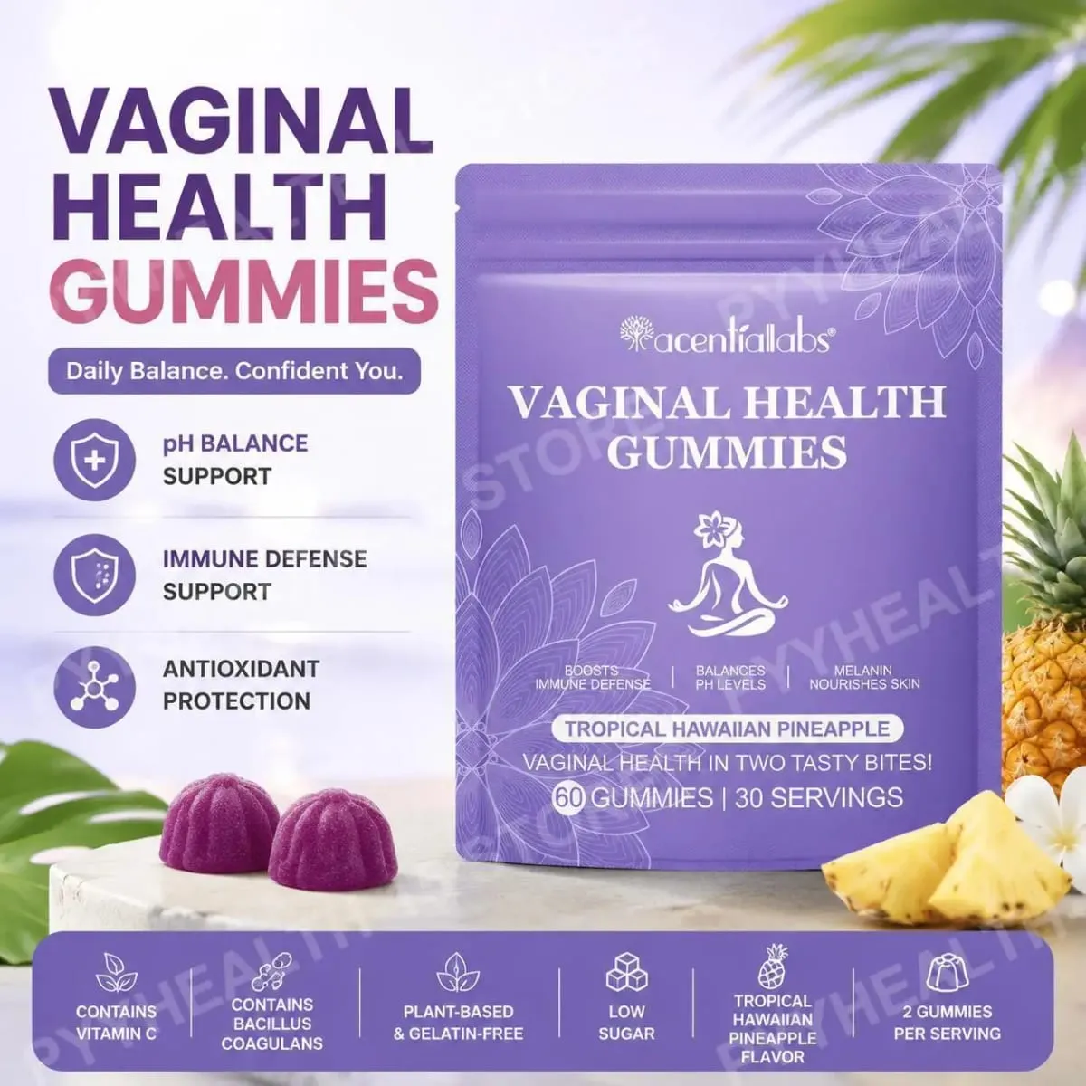 Kesihatan Faraj Gummies Sokongan Keseimbangan PH dengan Vitamin C dan Serbuk Buah Nanas Kesejahteraan Harian Tanpa Gelatin 60 Gummies — image 1