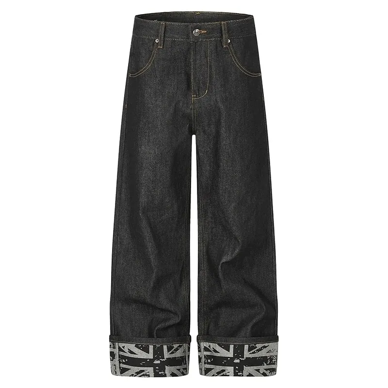 Jeans Denim Mentah Lebar Kaki Lelaki Hiasan Rivet Poket Belakang Labuh Berikat Cetak Pakaian Jalanan Punk Seluar Panjang Lurus 9X4317 — image 2
