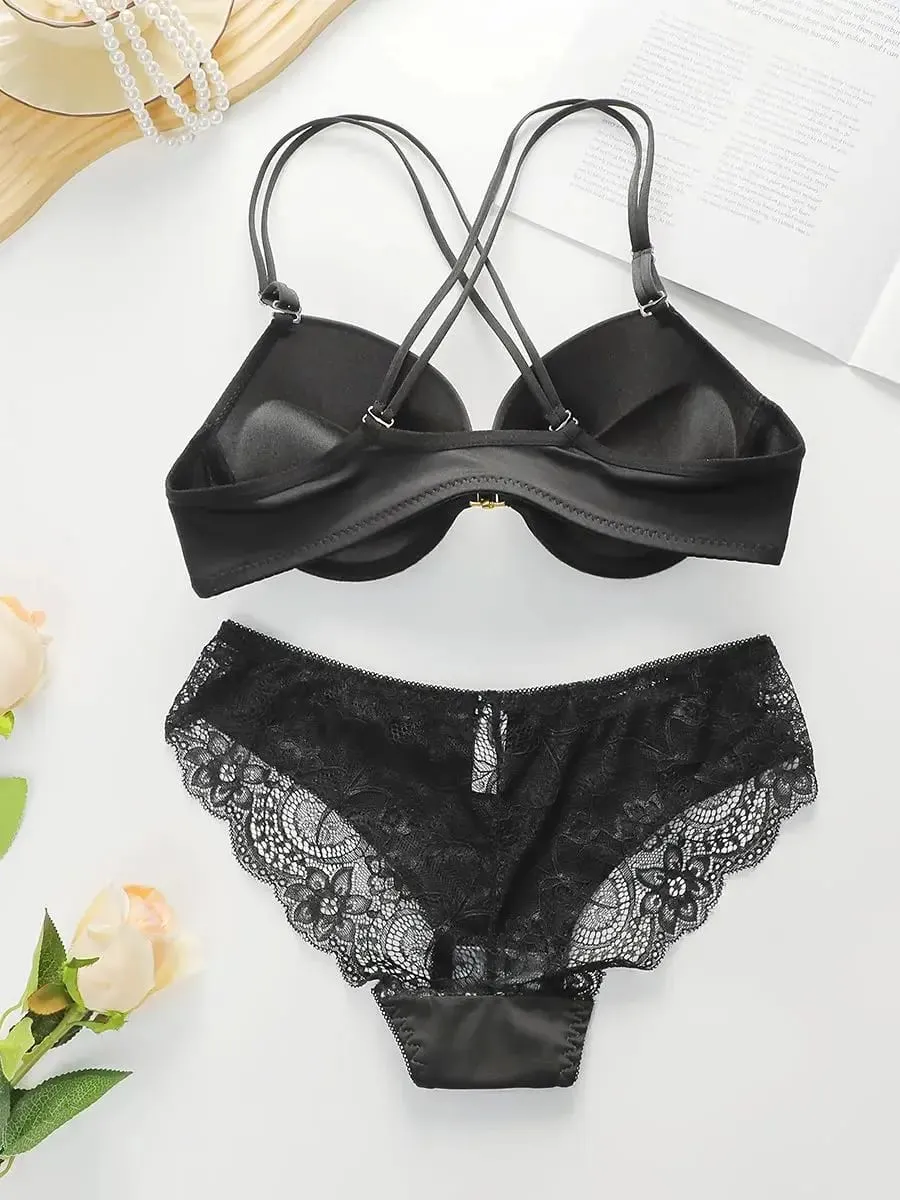 Conjunto de sujetador con tiras cruzadas y botones delanteros para mujer, Push Ups, encaje de Color sólido, conjunto de ropa interior informal cómoda para uso diario Sexy A2159 — image 2