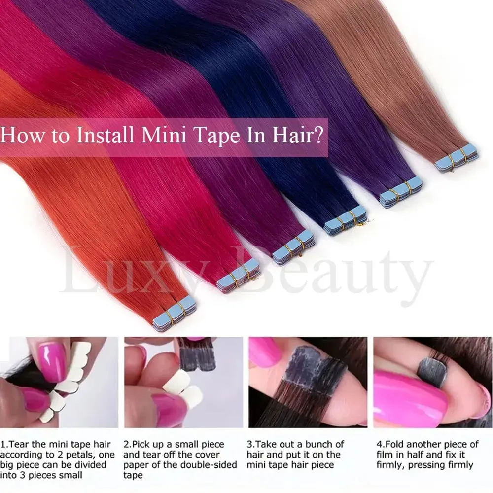 Colored Blue Mini Tape in Human Hair Extensions Invisible Seamless Tape in Hair 10pcs Pink Red Green Purple Blue Mini Tape Hair — image 6