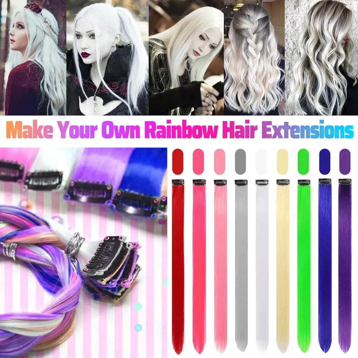 6/12 PCS White Hair Extensions Clip in Colored Party Highlights Extension Synthetic Hairpiece Straight 22 inch — image 3