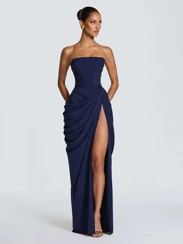 Elegante abito lungo pieghettato giallo senza spalline da donna Chic abito senza maniche solido in vita che stringe l'abito diviso 2026 abiti da sera da sera per donna — image 9