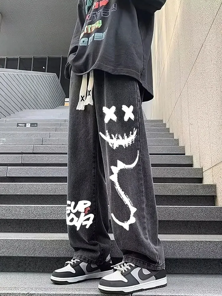 Printed Black Baggy Jeans Pants Men Straight Oversize Graphic Casual Wide Leg Denim Long Trousers Korean Drawstring Sweatpants — image 1