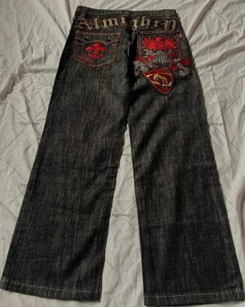 2026 japanischen stil high street patchwork bestickte jeans männer goth Harajuku mode breite bein jeans y2k retro casual hosen