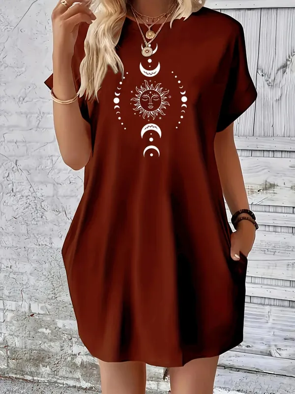 Damen-Sommerkleid mit lockerem Sonne-Mond-Planeten-Muster, bedruckt, Rundhalsausschnitt, kurze Ärmel, Tasche, bequemes, lässiges Kleid in Übergröße — image 8