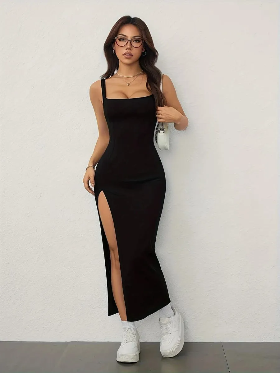 Robe Sexy et élégante pour femmes, col carré, épaules dénudées, dos nu, fendue aux hanches, à bretelles, printemps/été — image 5