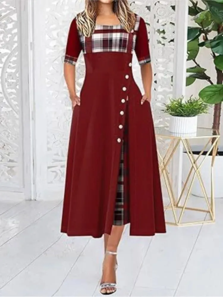ผู้หญิงไม่สม่ำเสมอ Lattice Patchwork ชุดเดรสยาวปุ่มวินเทจ O คอครึ่งแขน Casual Lady เดินทางชุดแฟชั่น — image 5