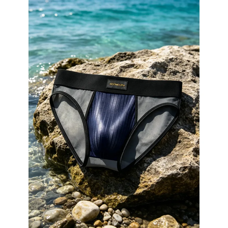 Slips Patchwork en maille transparente pour hommes, pochette brillante à rayures verticales, taille basse, large ceinture élastique, sous-vêtements respirants pour hommes DP923