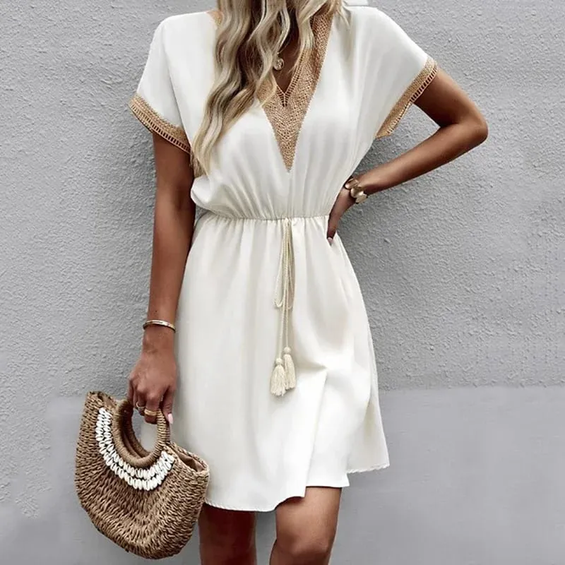 Summer Solid Short Sleeve Lace V Neck Waistband Female Beach Midi Short Dress Elegant Women's Sweet White Solid Color Dresses — image 2