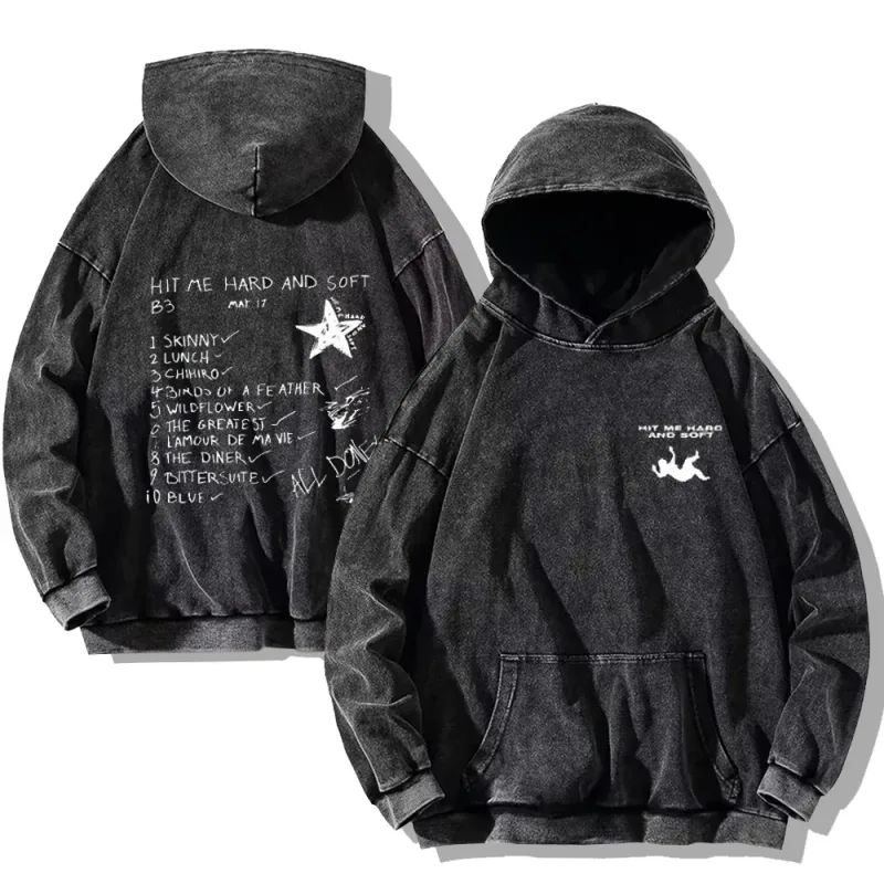 Hit Me Hard และ Soft Washed Hoodies Vintage Cotton Hooded Pullover ผู้ชายผู้หญิงหลวม Casual Gothic เสื้อ Y2K เสื้อ unisex
