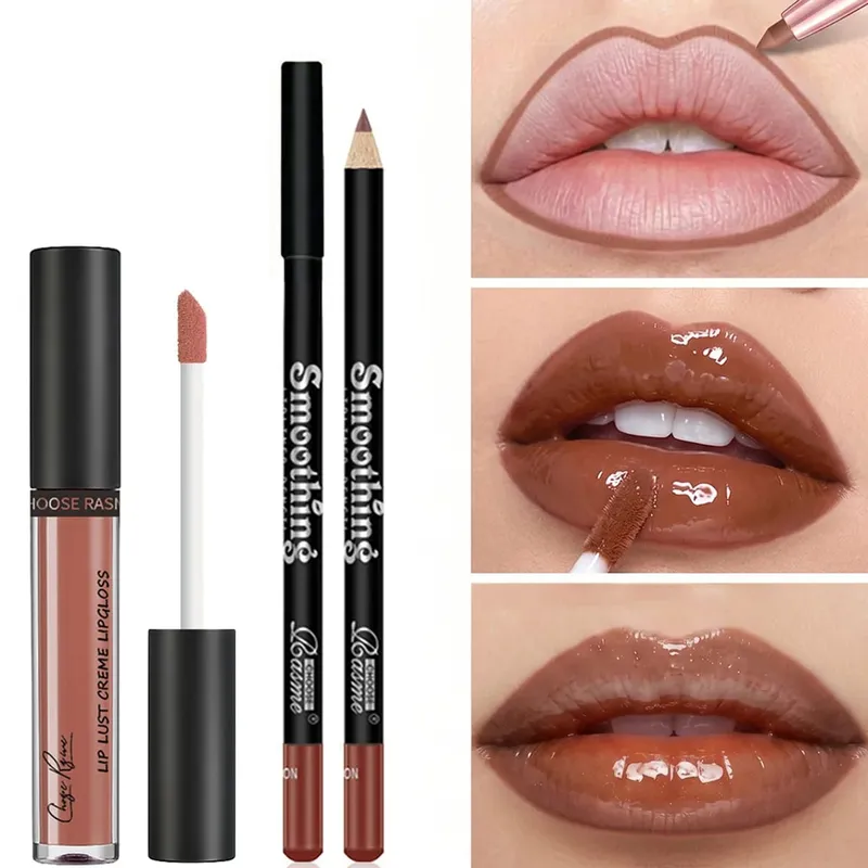 Nude Lipliner Mirror Lip Glaze Set Shiny Lip Shaping Waterproof Makeup Holding Color Makeup Set — image 1